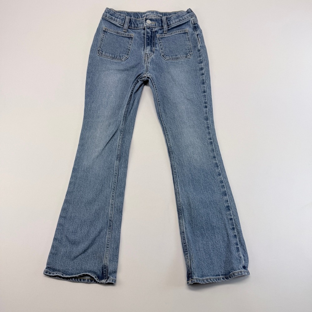 Old Navy Girls Size 12 High Rise Flare Jeans Medium Wash Patch Pockets Stretch